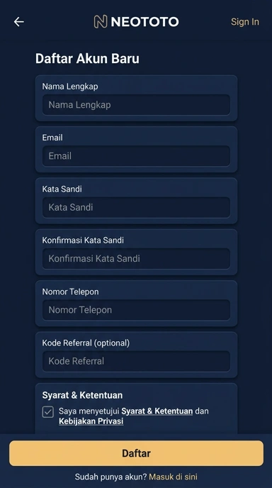 Tampilan halaman daftar neototo