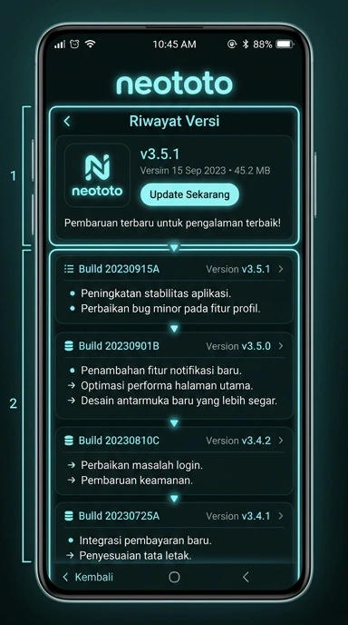 Tampilan riwayat versi neototo